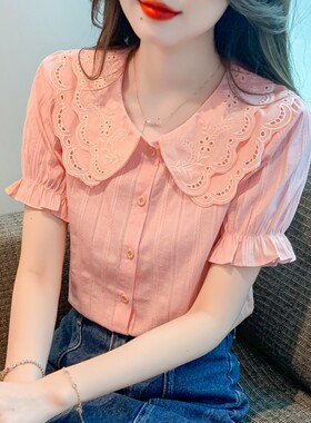 夏季2026年新款女士衬衣时尚减龄纯棉衬衫洋气全棉娃娃领上衣短袖