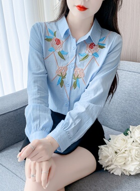 春秋季2026新款女装刺绣女士衬衣纯棉衬衫女洋气全棉减龄上衣内搭