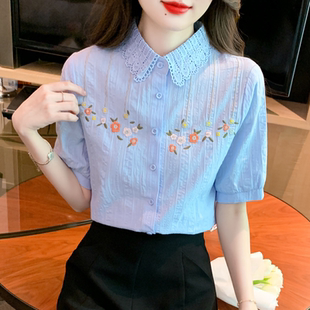 減齡刺繡純棉襯衫 夏季 2025年新款 時尚 上衣 女洋氣全棉女士襯衣短袖