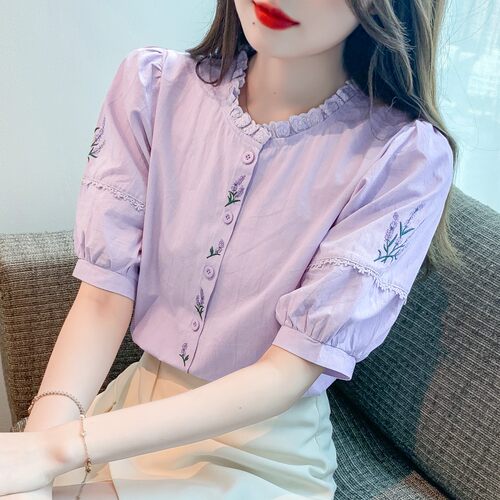 刺绣纯棉衬衫女洋气全棉泡泡袖