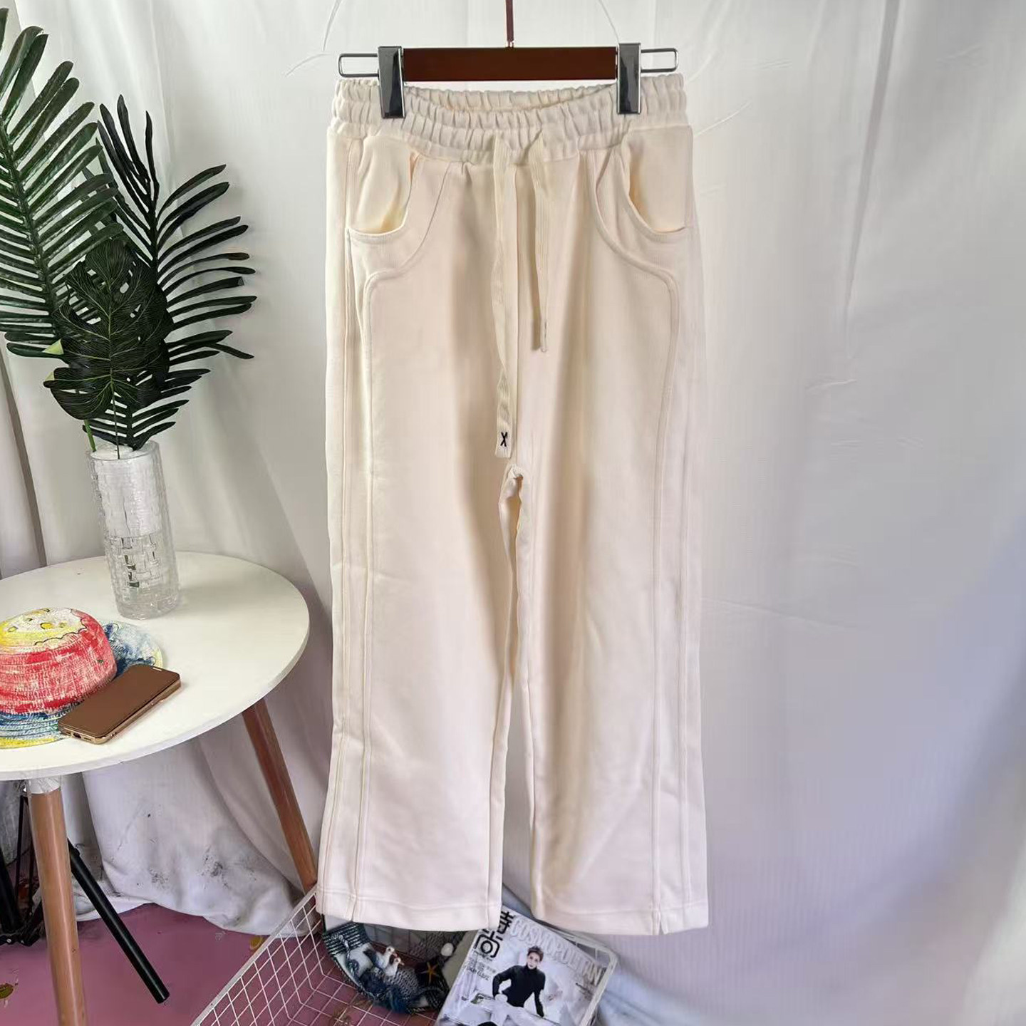 外贸日单特价纯棉阔腿裤女士春季米白色脚口开叉直筒休闲运动卫裤,女装/女士精品,卫裤,淘宝优惠券,粉丝福利购,淘宝优惠卷