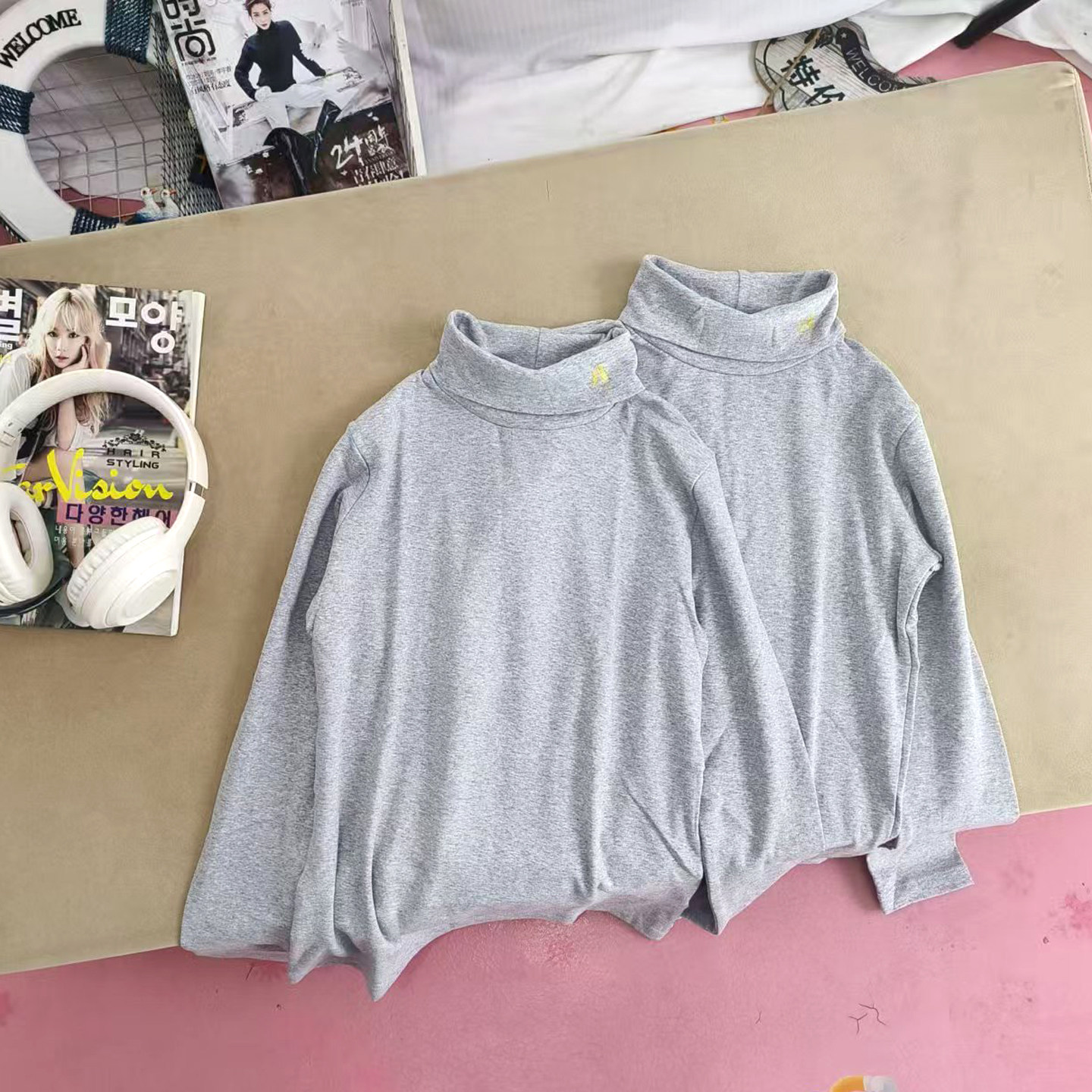 外贸清仓高领打底衫童装春秋高弹长袖贴身纯棉浅灰色薄款翻领内衣
