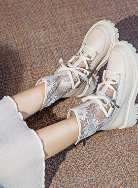 网纱透气薄款马丁靴夏季女靴2022年新款春秋真皮厚底靴子白色短靴