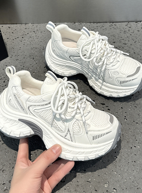 真皮网面透气老爹鞋女2026春季新款复古厚底增高爆款休闲运动鞋潮