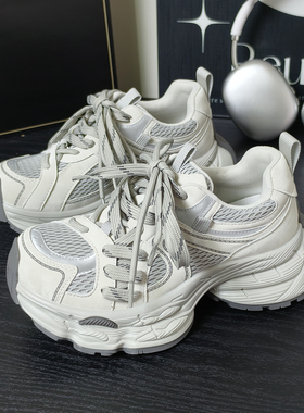 厚底网面透气老爹鞋女欧货2026春季新款双鞋带轻便百搭休闲运动鞋