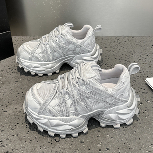 防滑百搭水钻运动休闲鞋 新款 女厚底增高2026春季 欧洲站真皮老爹鞋