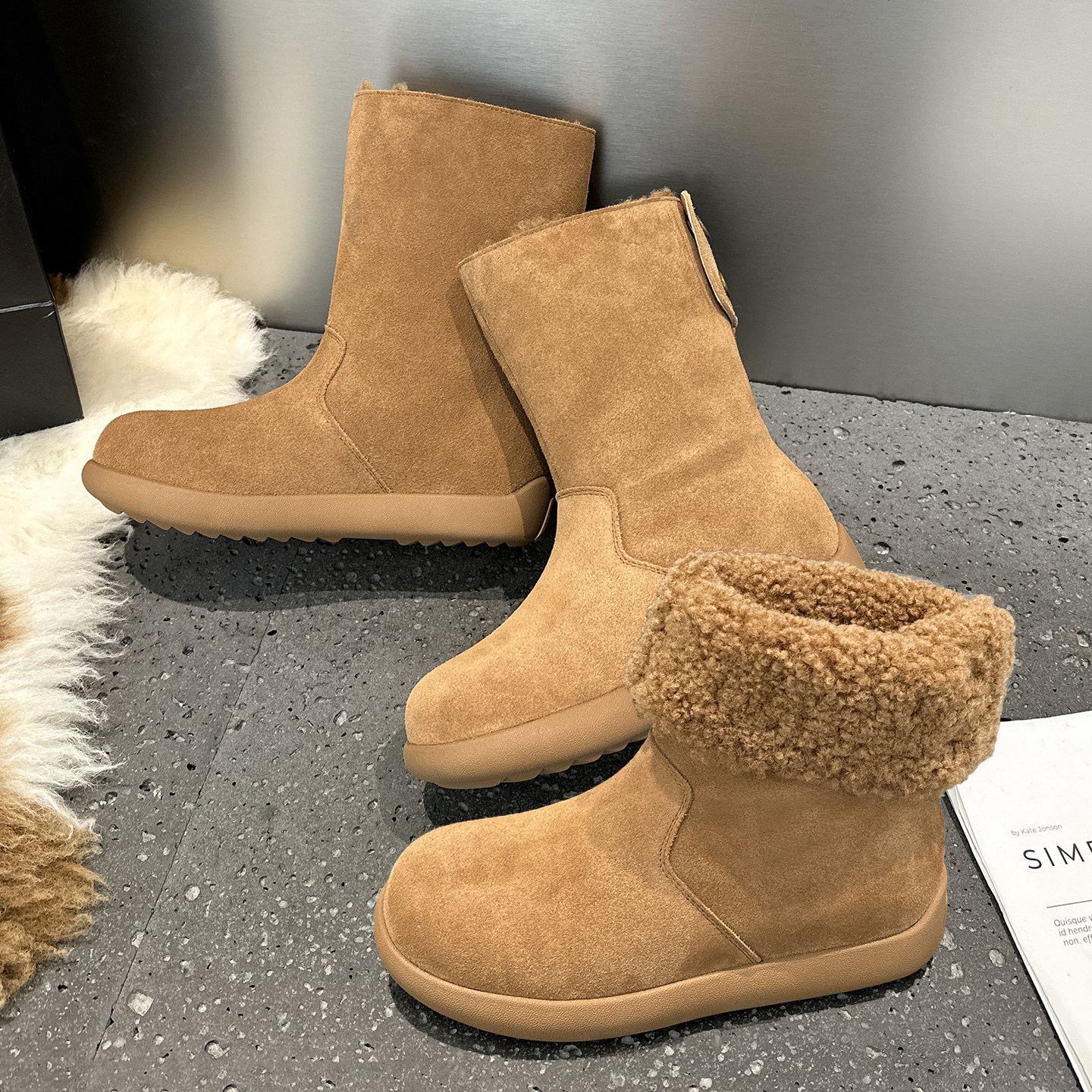 厚底加绒防滑真皮雪地靴