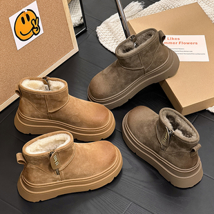 复古短靴子加绒加厚防滑保暖大棉鞋 真皮厚底雪地靴女2024冬季 新款