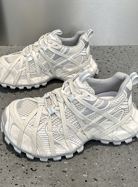 欧洲站真皮老爹鞋女爆款2026春季新款网面厚底复古超火休闲运动鞋