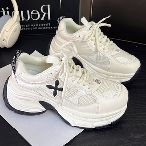 欧货真皮十字花老爹鞋女厚底2025春季新款增高显瘦百搭运动休闲鞋