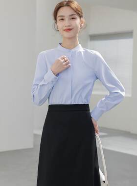 立领商务蓝色长袖衬衫女士通勤职业面试正装女套装秋季新款衬衣