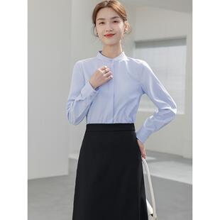 立领商务蓝色长袖衬衫女士通勤职业面试正装女套装秋季新款衬衣