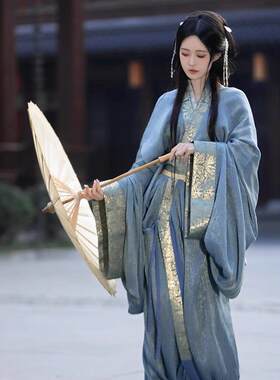 魏晋制蓝色战国袍汉服女直裾古装女款复原拖尾古风女装2026新款