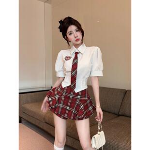 美式学院风套装jk制服衬衫工服女职场可爱甜美红格子半裙两件套夏
