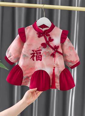 女童旗袍羊毛衬里冬裙女童加厚贺岁服新女童冬装儿童汉唐套装