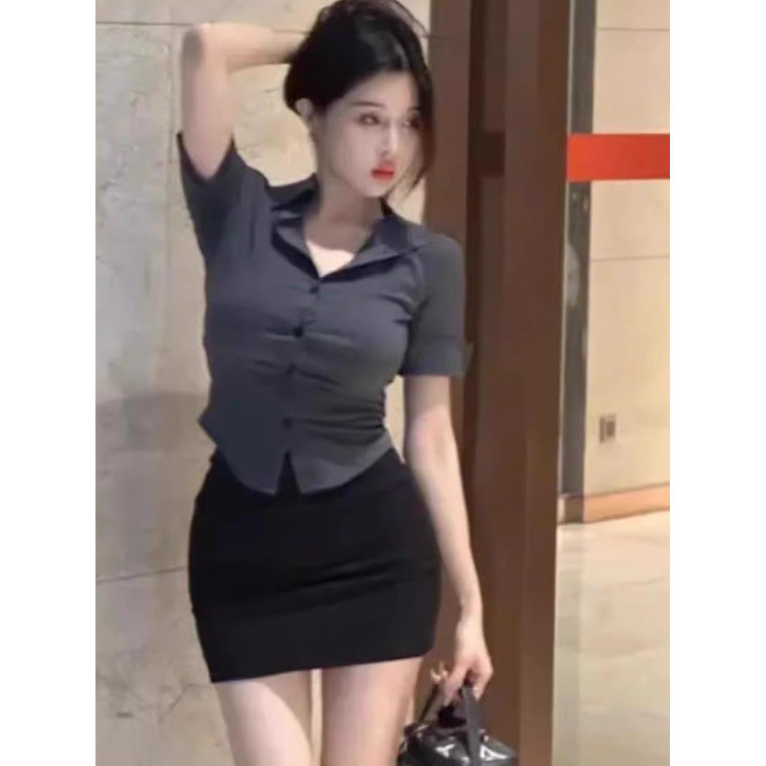 职业工作服腰身灰衬衫女式夏季设计修身性感秘书短袖衬衫Ol制服套