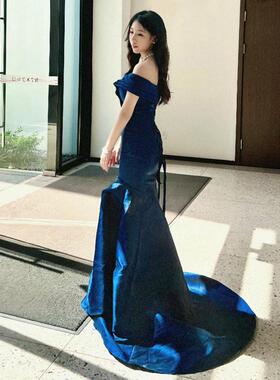 蓝色晚礼服主持人民族声乐演出服小众轻奢成人礼高中生鱼尾连衣裙