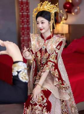 丝绒大码秀秀套装新娘婚纱修身造型凤凰冠披肩婚纱套装全套重工业