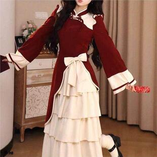 冬季国风新款旗袍拼接设计甜美收腰显瘦拜年红色打底连衣裙长裙女