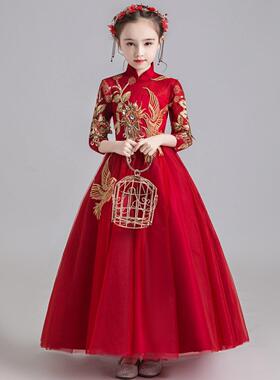 中大童洋气学生大码古筝生日礼服小女孩红色公主裙主持舞蹈演出服