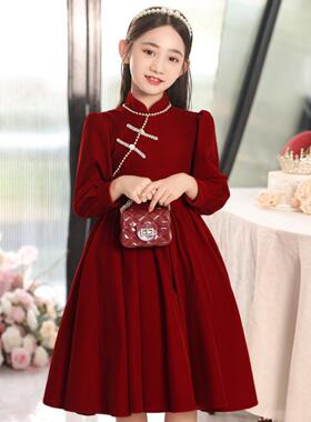 小女孩微胖大童钢琴生日礼服冬季新款红色花童中国风公主裙拜年服