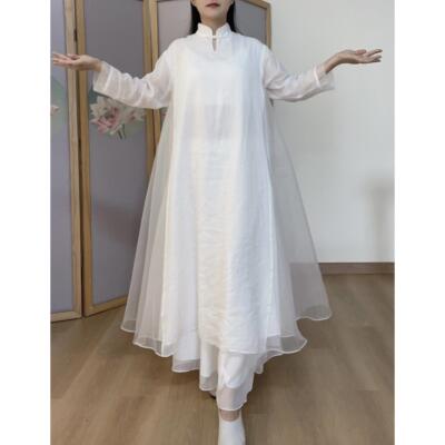 中道禅舞开 课服装白色苎麻禅舞服洋装中式立领仙气飘逸宽松长裙