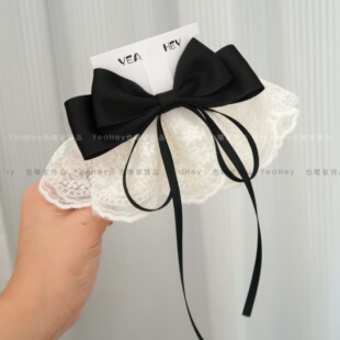 黑色蝴蝶结飘带蕾丝花边大裙摆弹簧夹高级感半扎发夹顶夹发卡 韩式