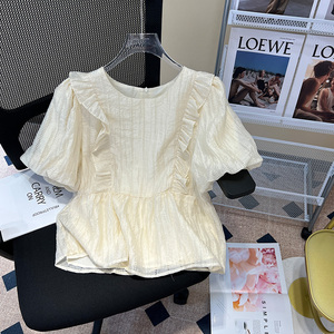 设计感小众法式圆领荷叶边泡泡袖雪纺衫女上衣时尚气质短款小衫潮