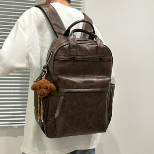 双肩包男士 潮牌大容量旅行PU皮背包女复古电脑包学生书包 2026新款