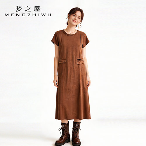 梦之屋夏季圆领短袖显瘦连衣裙女