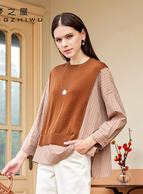 长袖毛衣女梦之屋2025秋季新款假两件拼接宽松大码针织衫M29524