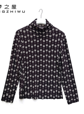 梦之屋打底衫女2025冬季新款百搭半高领印花长袖T恤内搭Z29149A