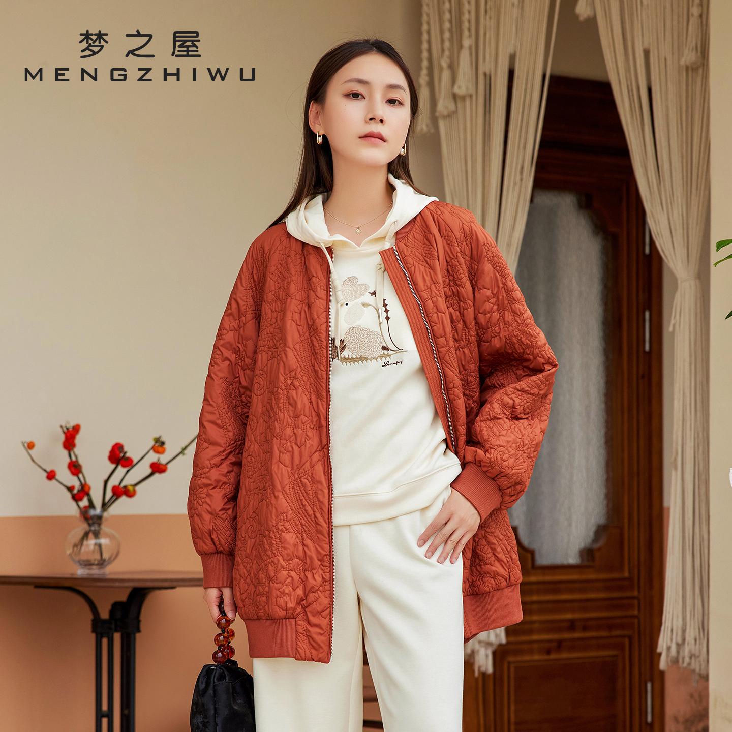 梦之屋中长款圆领休闲棉衣棉服女