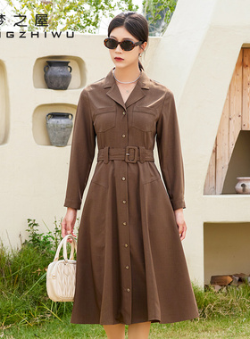 梦之屋2025秋冬新款百搭腰带收腰显瘦中长款衬衫裙连衣裙女L28273