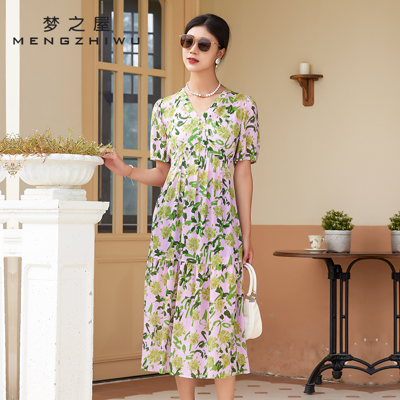 梦之屋浪漫民族花短袖印花连衣裙
