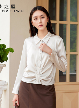 梦之屋品牌衬衫女2025秋季新款缎感褶皱收腰显瘦长袖衬衣C29613
