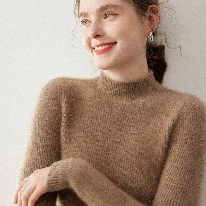 秋冬季半高领羊绒衫女士纯色山羊绒加厚毛衣修身百搭针织打底上衣