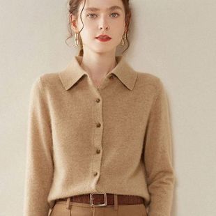 女士气质打底衫 23秋冬新款 显瘦羊绒开衫 女修身 POLO领针织羊绒衬衫