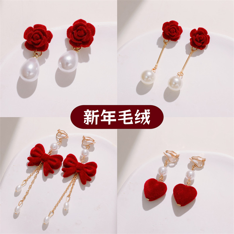 耳夹无耳洞红色系丝绒蝴蝶结