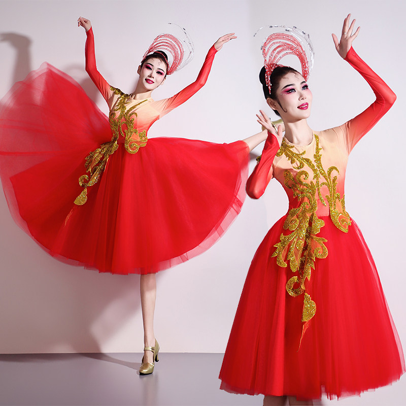 现代舞连衣裙演出服女飘逸中国风舞蹈服装开场舞大摆裙歌伴舞纱裙