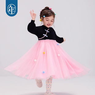 年衣童装女童连衣裙2025秋冬新款儿童新中式甜美网纱公主裙子礼服