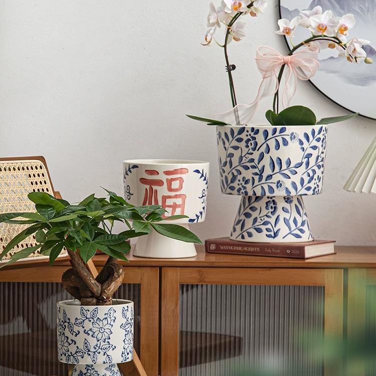 青花瓷纹蝴蝶兰陶瓷花盆中国风室内装饰复古瓷器绿植花卉通用盆