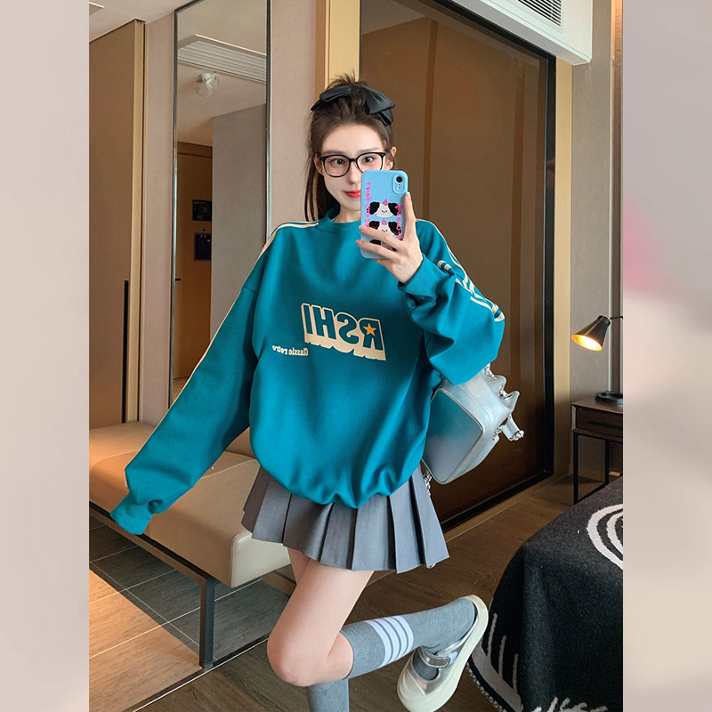 时尚宽松纯棉休闲孔雀蓝色卫衣