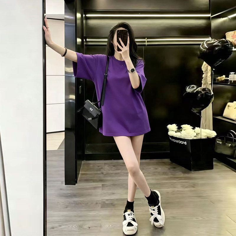 长款紫色t恤女oversize大码宽松显瘦遮屁股欧货大版2026超火上衣