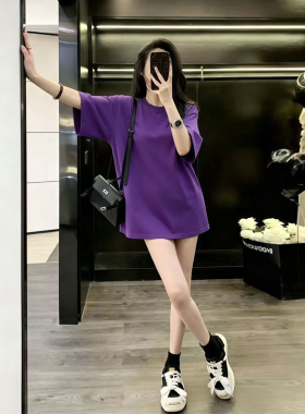 长款紫色t恤女oversize大码宽松显瘦遮屁股欧货大版2026超火上衣