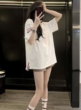 韩版白色短袖休闲t恤女装夏季2026新款设计感小众宽松中长款上衣