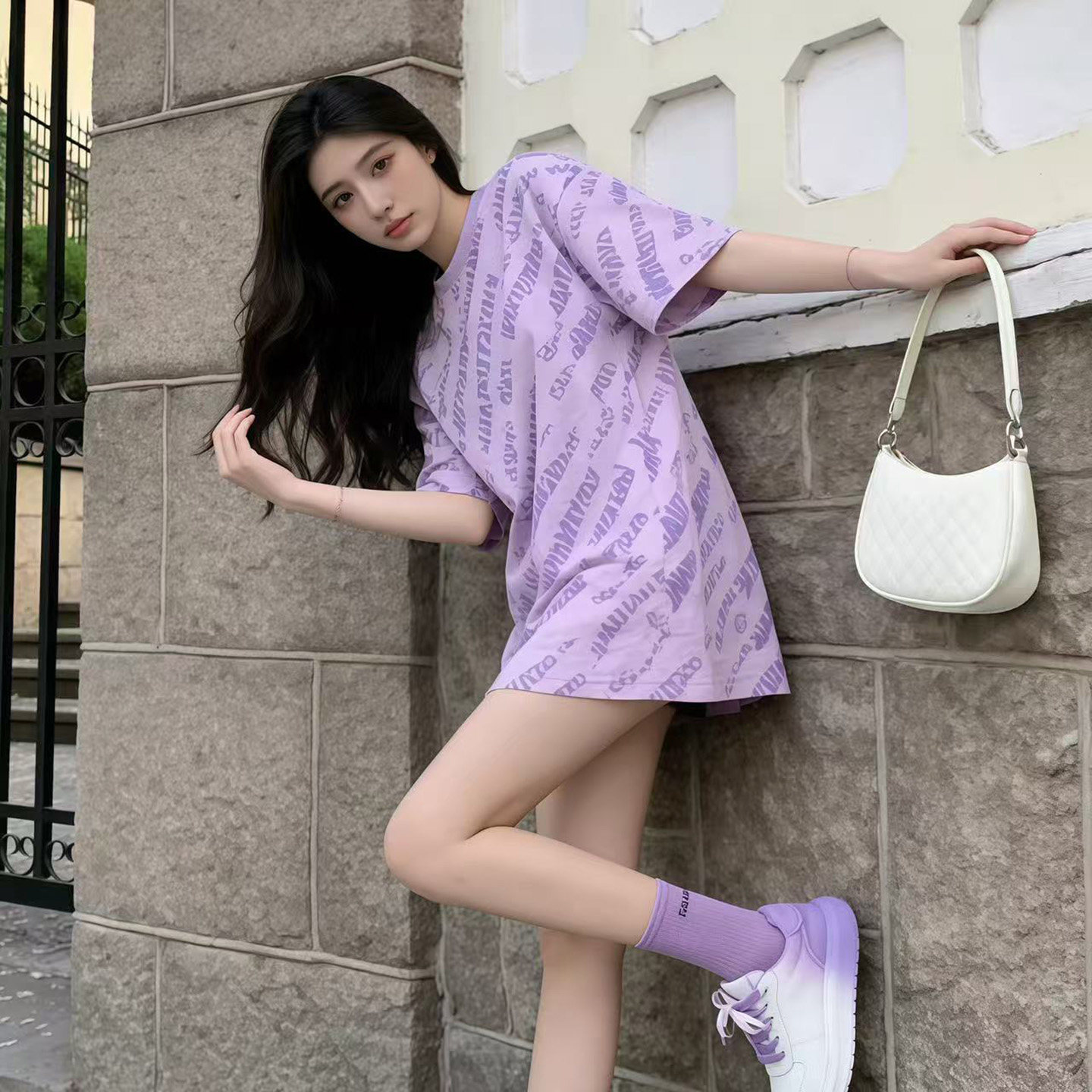 圆领短袖t恤女夏季新款超火小个子气质大版欧货遮臀香芋紫色上衣