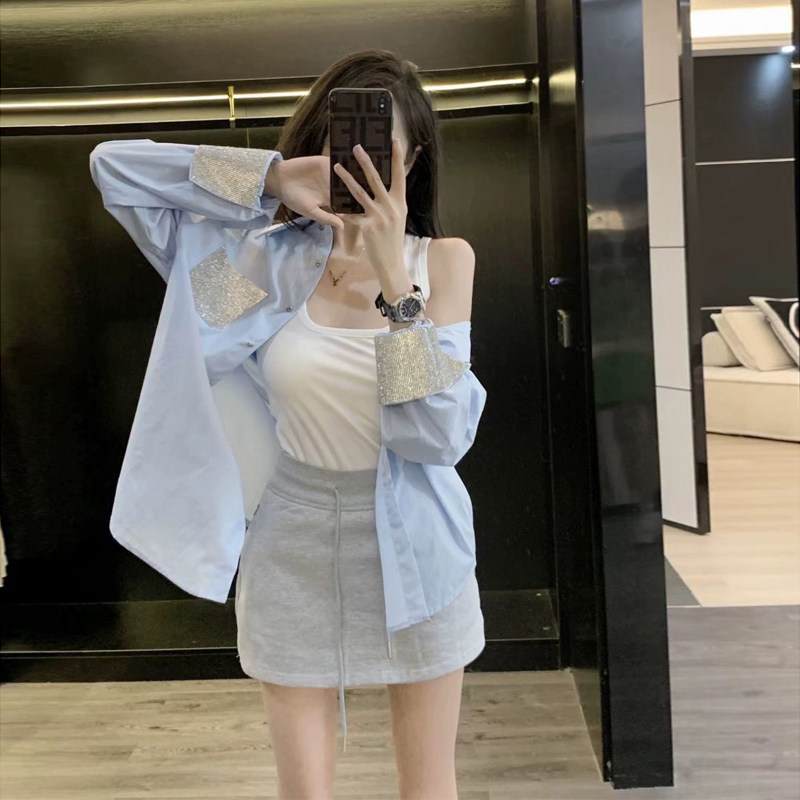 设计感蓝色长袖衬衫女夏季2026新款高级法式小众薄款宽松衬衣外套