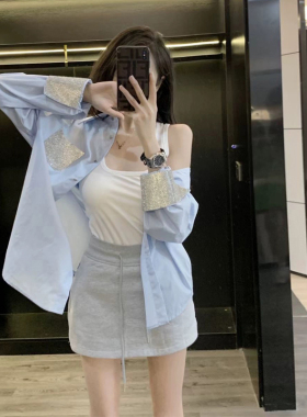 设计感蓝色长袖衬衫女夏季2026新款高级法式小众薄款宽松衬衣外套