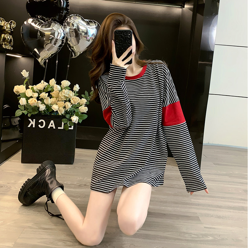 网红圆领条纹长袖T恤女